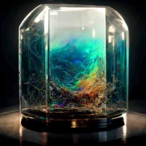 an echo of a dream of a memory, trapped in glass, encased in crystal where the contours echo in the space around the crystal, prismatic, luminescent, radiant, iridescent, ethereal, hyperdimensional, reverberating, disintegrating, ultra detailed ultra HD, 8k