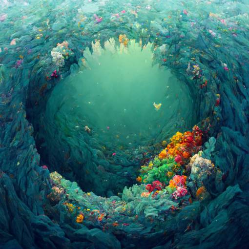an isometric hole in the deepest ocean surrounded by coloured fishes