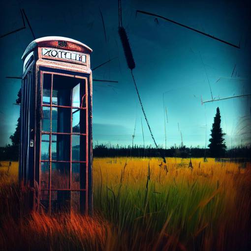 an old abandoned telephone booth in a field with tall grass, the booth is rusted and the glass is broken, the receiver hangs off the hook, there is a payphone inside, the number is 0, the sky is overcast and there is an echo in the distance