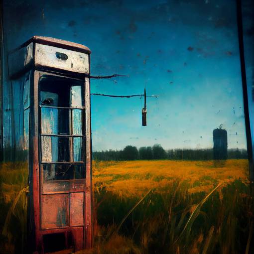 an old abandoned telephone booth in a field with tall grass, the booth is rusted and the glass is broken, the receiver hangs off the hook, there is a payphone inside, the number is 0, the sky is overcast and there is an echo in the distance
