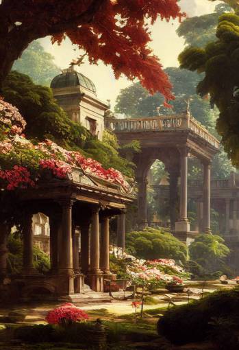 ancient botanical garden with magnificent architecture, science fantasy art by hubert robert and Asher Brown Durand and norman rockwell and makoto shinkai