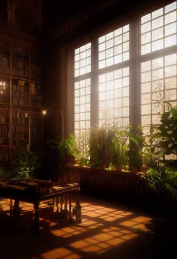 ancient library room from a distance, overrun by plants, realistic, ultra hd, glowin, library real photography unreal engine