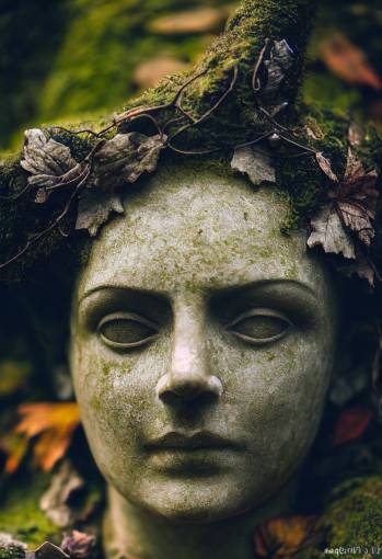 ancient marble statue of a warrior, eroded by time, covered in moss, entwined in vines, zoom on face, overgrown cemetery, High Gate London, Staglieno, falling leaves, autumnal atmosphere, Canon 50mm F2.8, dramatic pose, feminity, mourning, sadness, loss