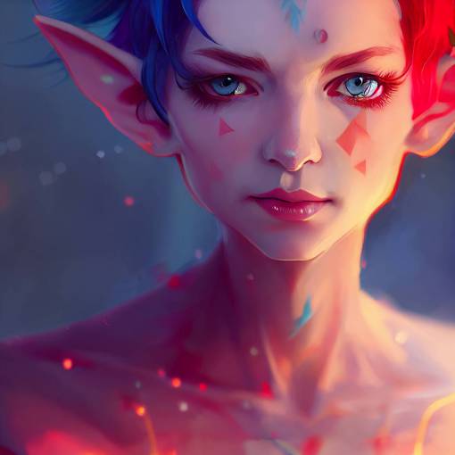 androgynous elf with red skin, pointed ears, short curly blue hair, digital art, 4K, by Kyoto Animation, artgerm, tsuaii, Krenz Cushart, Ilya Kuvshinov, Rossdraws, trending on artstation