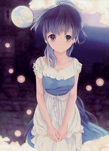 Anime style, Facial design in moe style, A girl in a light blue frilly dress in an old castle, The dress is decorated with silver, Long platinum blonde hair, watery eyes, moonlit night, Backlight, Light Effects, soft light, Focus on Face, Depth Of Field, 4K, HDR