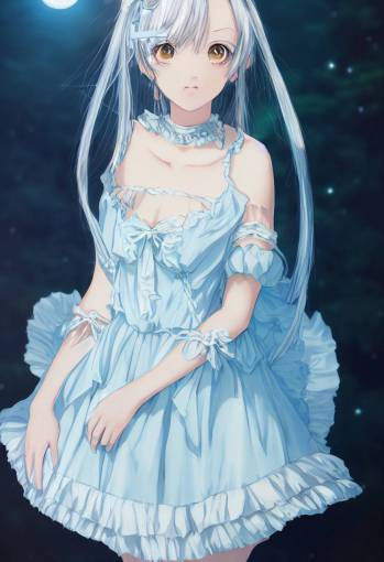Anime style,Facial design in moe style,A girl in a light blue frilly dress in an old castle,The dress is decorated with silver,Long platinum blonde hair,watery eyes,moonlit night,Backlight,Light Effects,soft light,Focus on Face,Depth Of Field