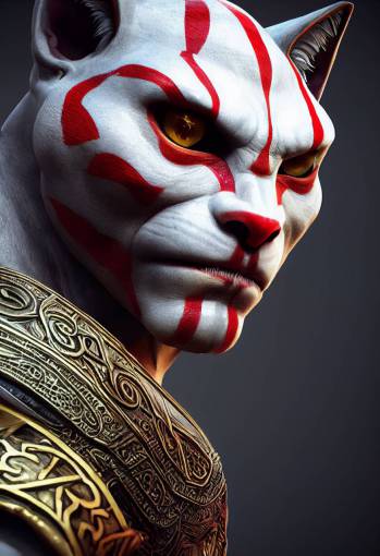 anthropomorphic cat as Kratos from God of War, portrait, intricatedetails, insanely detailed, dramatic light, 8K, unreal engine