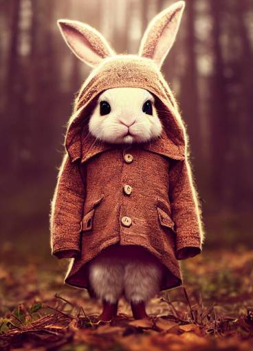 anthropomorphic hyper-realistic Tiny cute and adorable bunny dressed in warm knits and coats against the backdrop of a winter forest in the style of Jean-Baptiste Monge, photorealism, anthropomorphic, dramatic lighting, 8k, portrait,