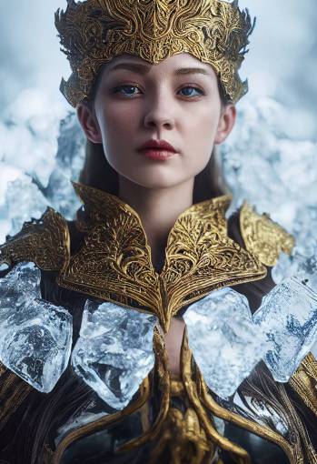 anthropomorphic majestic beautiful queen of ice female portrait, finely detailed armor, intricate filigree metal design, lightning, brass, silk, red cape, cinematic lighting, 8k, unreal engine, octane render