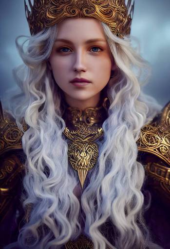 anthropomorphic majestic beautiful queen of ice female portrait, long blonde curly hair, finely detailed armor, intricate filigree metal design, lightning, brass, silk, red cape, cinematic lighting, 8k, unreal engine, octa ne render