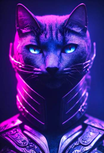 Anthropomorphic majestic egipcian cat + cyberpunk style + purple + blue + blue eyes + black background + finely detailed armor, 8k, unreal engine
