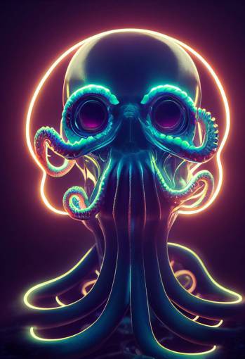 anthropomorphic octopus alien glass skull dome showing neon brain, portrait, photorealistic charachter design, bioluminescent, intricate details, cinematic lighting, unreal engine 5, octane render, f2.8, 50mm lens, 32k