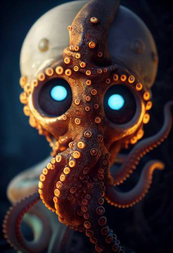 anthropomorphic octopus human pirate face, creepy portrait, photorealistic charachter design, bioluminescent, intricate details, cinematic lighting, unreal engine 5, octane render, f2.8, 50mm lens, 32k,