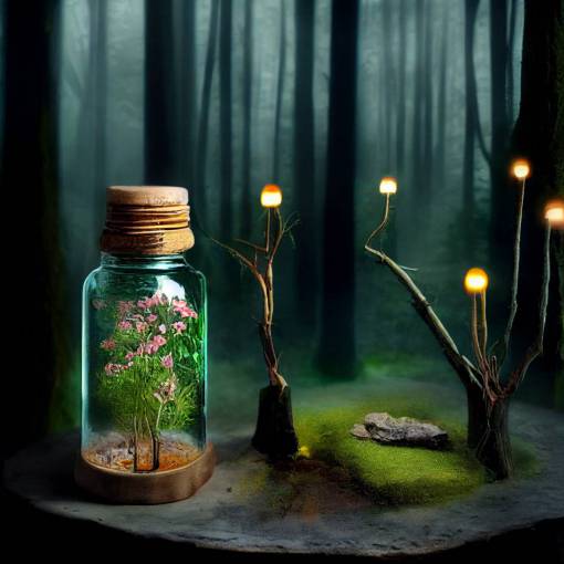 apothecary in forest the trees have natural shelves made from old growth branches where vessels are holding herbs and flowers in sealed glass jars glowing fairies and orbs all around