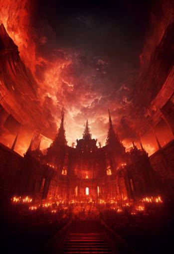 architectural render photorealistic octane render of the palace of evil in hell, ultra wide angle lenses, cinematic, dramatic light