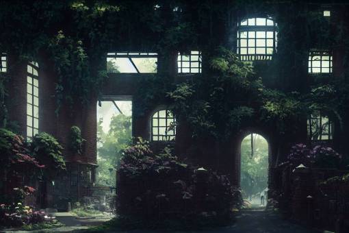 Architectural section, animation concept art, Breath of the wilde, studio ghibli style, Clear reflection, In front of the mottled red brick low wall, there are vintage-American station indicators, lush vegetation and flowers, miyazaki, Craig Mullins, nausicaa, Shinkai Makoto, hypermaximalist, hyper detail, 8k, octane render, cinematic