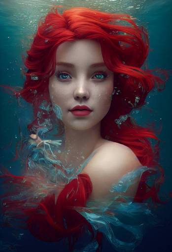 Ariel, little mermaid portrait, beautiful white girl face, flowy red hair, underwater, art nouveau, background by stanley artgerm lau, octane render hyperrealistic, loish, + 4k + uhd + 3d + octane render + cinematic