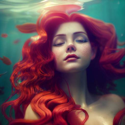 Ariel, little mermaid portrait, beautiful white girl face, flowy red hair, underwater, art nouveau, background by stanley artgerm lau, octane render hyperrealistic, loish, + 4k + uhd + 3d + octane render + cinematic