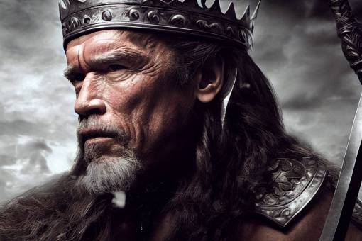 Arnold Schwarzenegger as an older King Conan, seated on a throne and leaning forward with his hands wrapped around the hilt of a large black sword. On his head is an iron crown made of swords. He has a full iron-grey beard and long grey hair. Cinematic