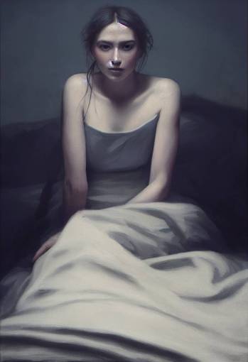 artwork by Jeremy Lipking,A little moonlight leaked onto the bed in the dark room with the curtains closed. In the darkness, only the outline of her skin, raised along her spine, glowed pale.photorealistic. High contrast. Beautiful atmospheric environmental effects, 8k, Octane render