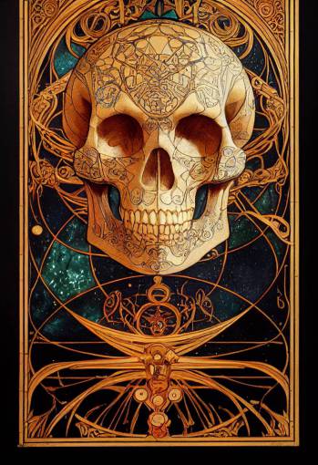 Astrological gold skull ????, illuminated manuscript, atlas of the world, art nouveau art deco style, by alphons mucha, highly detailed, stained glass, intricate, 8k