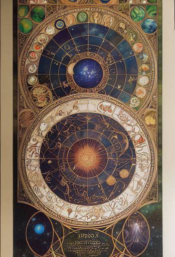 Astrological mandala planetary , illuminated manuscript, atlas of the world, art nouveau art deco style, by alphons mucha, highly detailed, stained glass, intricate, 8k