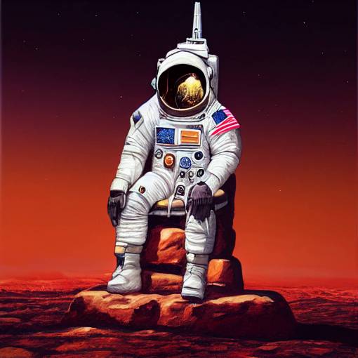 astronaut sitting on a stone throne, with a small sword , Mars