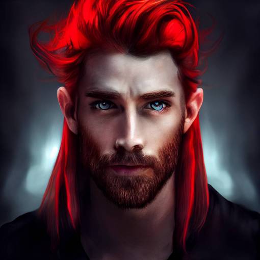 attractive man, pointy ears, flowing red hair, cinematic lighting, 4k HDR, blue eyes