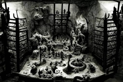 b&w dungeon lair hell hellfire hellish pit pits condemned cages bones diorama map