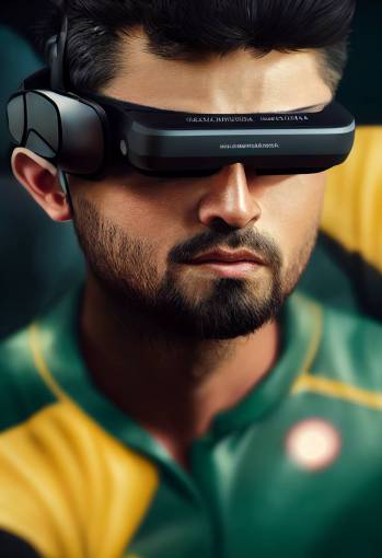 babar azam, virtual reality headset covering his eyes, unreal engine, dramatic lighting, octane render, high detail