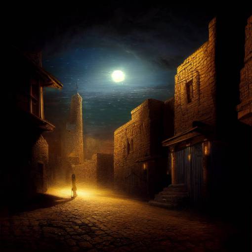 back alley of a Sumerian town at night, Fantasy, in the style of John Howe, volumetric lighting, cinematic, studio lighting, photo render, Hyperrealistic