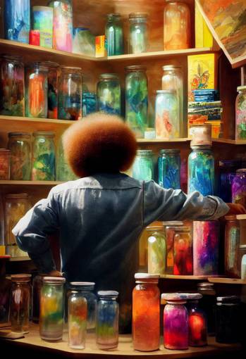 back of Bob Ross at the art store, he looks up the massive shelves of glass jars filled with vibrant colorful paints, it's like a harry potter store, cinematic lighting, vibrant, photo realistic
