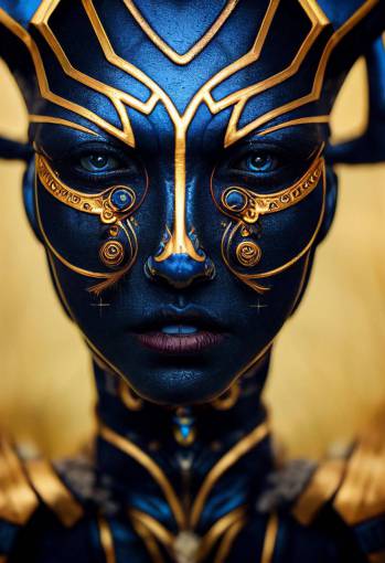 beautiful alien biotech sorceress wearing dark-blue and black biotech armor with golden accents, vibrant face warpaint, intricate details, cinematic lighting, photo realistic, close-up portrait