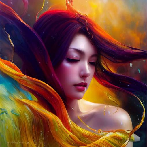 Beautiful anime Woman dissolving into colorful liquid oil paint, wind, cinematic lighting, photo realistic, artwork by karol bak, fantasy