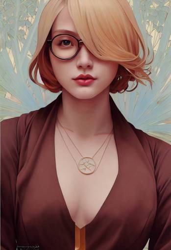 beautiful blond girl with long bob haircut, with round glasses, with fit thick hourglass body, in skin-tight clothes, chest, painted by artgerm, Alphonse mucha, Akihiko yoshida, sakimichan, krenz cushart, low angle shot, digital painting, tarot card