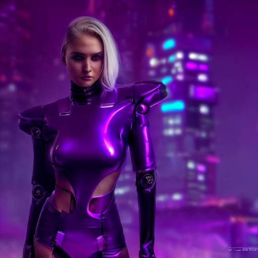 beautiful blonde female cyborg wearing futuristic cyberpunk rave attire in cosplay female fashion costume style+high detail,epic,fantasy,sci-fi,futuristic female cyborg,futuristic fashion trending on artstation,depth of field,blue and purple smoke tendrils,futuristic sci-fi city street setting,perfect face,prominent feminine features,athletic body,gorgeous female cyborg,futuristic female cyborg design s trending on artstation,octane render,insane detail,