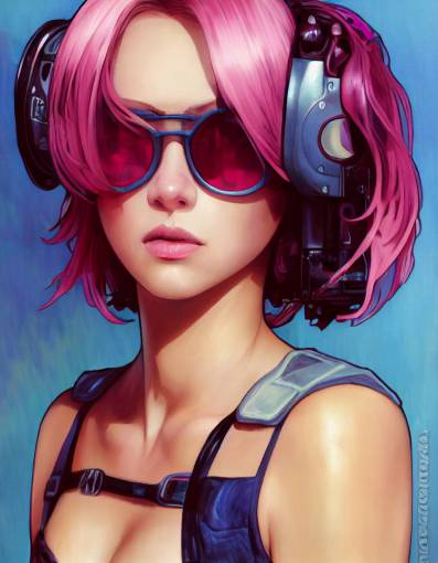beautiful cyberpunk pink hair girl with short bob haircut, with sunglasses, with fit thick hourglass body, in skin-tight clothes, chest, painted by artgerm, Alphonse mucha, Akihiko yoshida, sakimichan, krenz cushart, low angle shot, digital painting, tarot card