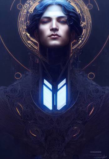Beautiful ethereal cyberpunk man, art nouveau, fantasy, intricate binary and electronic designs, elegant, highly detailed, sharp focus, art by artgerm and greg rutkowski and wlop