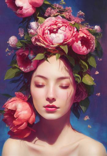 beautiful female form with bursting floral head, roses, peonies, songbirds in flight, morning glories, ethereal wisps of swirling color