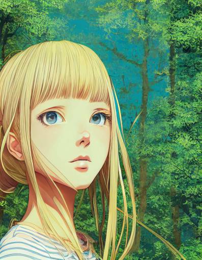 beautiful female teenager with symetrical features, in the forest, blonde hair, closed eyes, athletic, sundress, manga cover by Toshifumi Takizawa