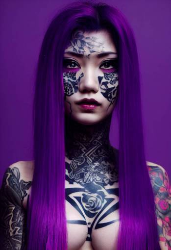beautiful hot yakuza girl with long purple hair covered in tattoos, beautiful symmetrical face, photorealistic