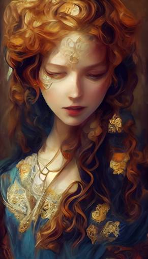 beautiful medieval princess, long curly ginger hair