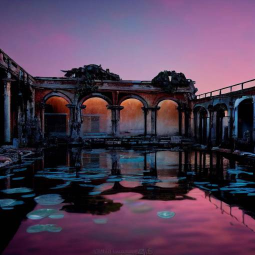 Beautiful old broken down, swampy, large, Roman Greek detailed outdoor baths in disrepair filled with crystal clear light blue water and beautiful tiny pastel flowers and vines wrapped around ornate pillars in a gorgeous slighty under kept garden, 4k, ultra realistic, haunting, dusk, golden hour, hyper realistic, extremely detailed