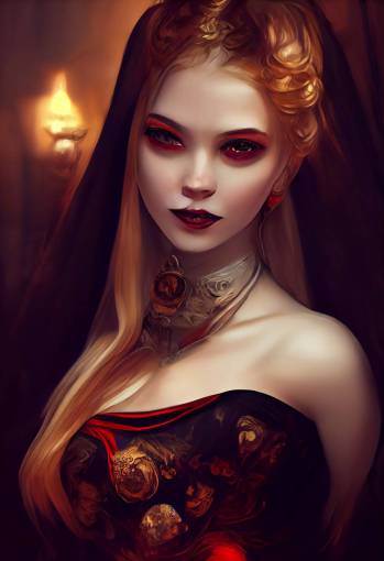 beautiful vampire Queen of the Damned, lightnings of dark energy, huge chest, red eyes, smiling with her teeths, 