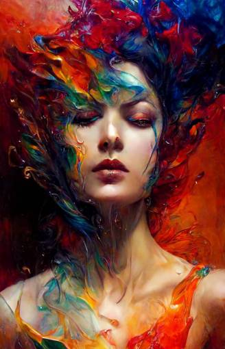 Beautiful Woman dissolving into colorful liquid oil paint, wind, cinematic lighting, photo realistic, by karol bak
