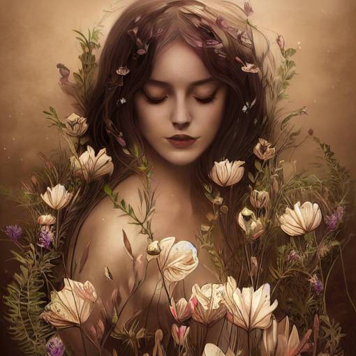 beautiful woman floating in water, ethereal illustration, in the style of anna dittman, surrounded by flowers and leaves, sepia tones with muted lavender accents, elegant, modern fantasy, airbrush textures, clean lines, high resolution