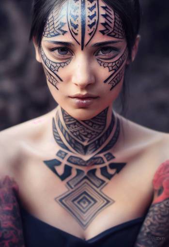 Beautiful woman with tribal tattoo,ultra resolution, perfect face , ultra details , detailed face , detailed skin , amazing detail , perfection , In frame , photo realistic, 3D , 8K , Ultra Realistic ,