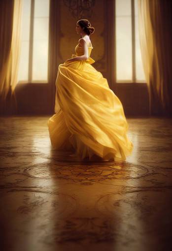 Bell from beauty and the beast portrait, long brown wavy hair, crystal clear brown eyes + in a beautiful ballroom + Versailles + gorgeous yellow dress, highly detailed, intricate, volumetric light, render in octane, luminous, moody, ray of light