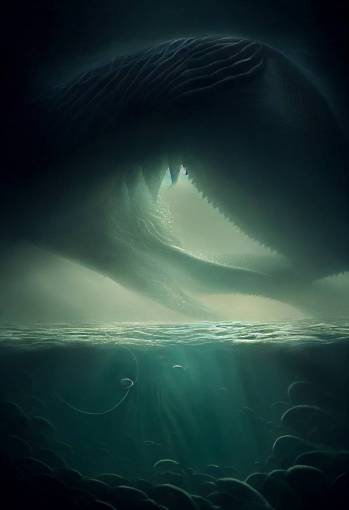 below the water are echoes of whales permeating the depths of the ocean, Above the water a massive Cthulhu emerges from clouds above a large galleon, in the style of Gediminas Pranckevicius, cinematic lighting