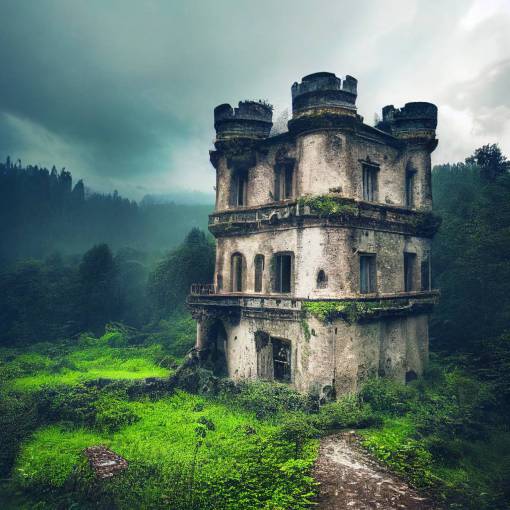 Big abandoned castle in valley, overgrown, lush, detailed, magical, mysterious, moody, dramatic lighting